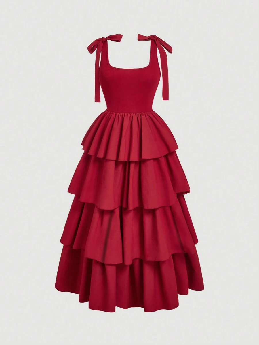 SHEIN MOD Vestido romántico de talla grande rojo vintage con múltiples capas de volantes y lazos en los hombros - Rojo - Ver 1