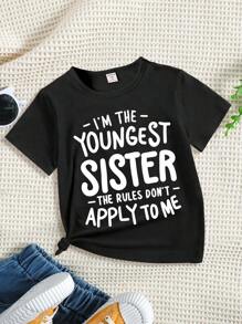 Kaos Lengan Pendek Anak Perempuan Kasual Modis Kreatif Sederhana dengan Motif Huruf Grafis - Hitam - View 3