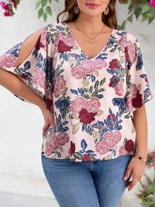 SHEIN Clasi 大码夏季花卉印花长袖宽松衬衫，优雅日常穿着，浪漫情人节、春季 - 彩色 - 查看 5