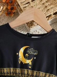 SHEIN Baby Girl's Unique Retro Print Pattern Cute Puff Sleeve Dress - Black - View 7