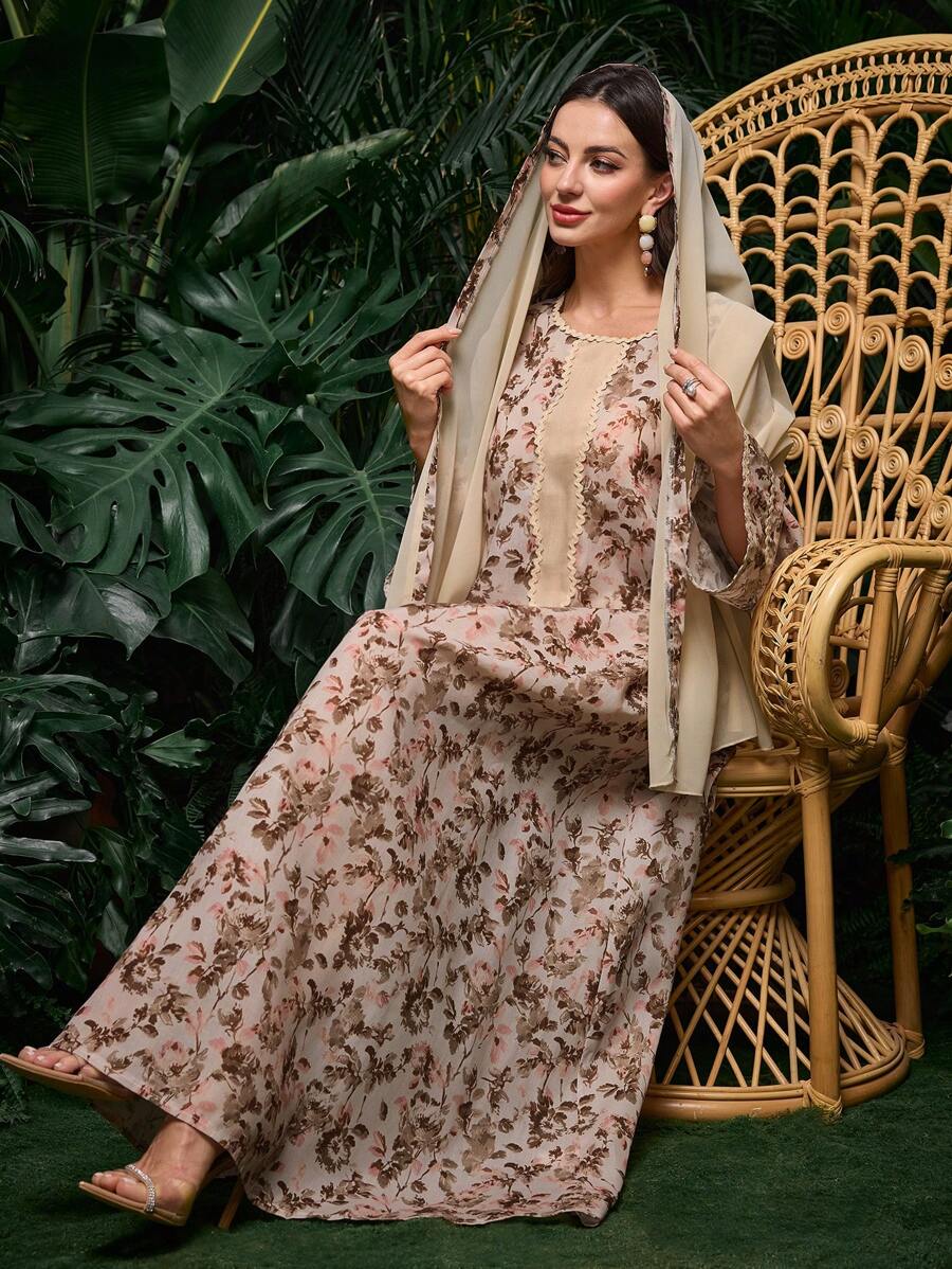 Al Najma Đầm Abaya cổ tròn họa tiết hoa nhỏ màu trơn viền cong có khăn trùm đầu, kín đáo - Màu be - Xem 1