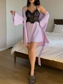 DAZY Satin Lace Patchwork Sexy Bodycon Slip Dress & Robe Sleepwear Set Pajama - Purple - View 8