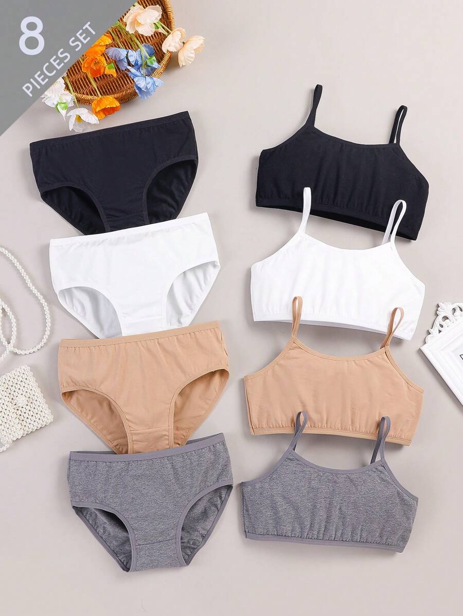8pcs/Set Tween Girl Underwear Set, Multiple Colors Camisole Crop Top & Bikini Briefs Multipack, Fashionable Solid Cotton Soft Underwear Set, Suitable For All Seasons - Multicolor - View 1