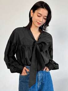 FRIFUL Women's Casual Bowknot Loose Blouse Long Sleeve Top