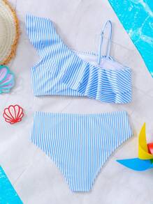 SHEIN Tween Girls Casual Multi-Layer Ruffle Asymmetrical Neck Spaghetti Strap Bikini Set, Summer Beach Vacation - Blue and White - View 2