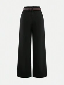 SHEIN Girlism Tween Girls' Loose Waisted Elegant Commuter Wide Leg Trousers With Belt - Black - View 2