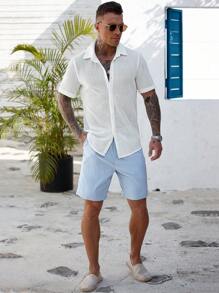 Manfinity CasualCool Camisa ajustada de manga corta con estampado de contraste casual para hombre, ropa de hombre para primavera y verano, regalo para el novio