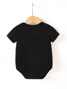 SHEIN Newborn Baby Boys Girls Black  Neck Short Sleeve Bodysuit, Casual Versatile Style Suitable For Spring, Autumn, Or Summer Daily Wear, Outdoor Activities