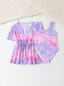 Babymeisje Ombre Eenhoorn Print Eendelig Badpak Met Cover-Up