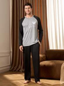 2pcs Men's Color Block Raglan Sleeve Top And Pants Loungewear Set