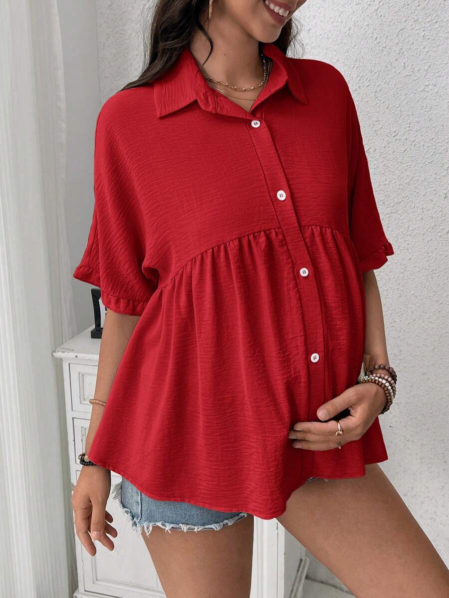 SHEIN Maternity Casual Solid Color Batwing Sleeve Blouse - Red - View 1
