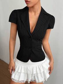 Flirla Women's Striped Lapel Neck Short Sleeve Fitted Shirt - Black - View 1