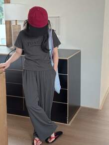 Dazy Kids 2 件套青少年女童标语印花短袖上衣和长裤套装，女童夏季服装，返校服装 - 灰色 - 查看 1