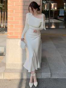 DAZY Women Fit Solid Satin Fish Tail Long Skirt, Spring/Summer