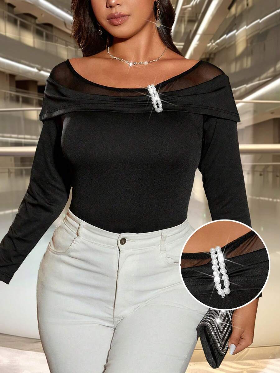 SHEIN Unity Plus Size Women Solid Color Mesh Contrast Long Sleeve Casual Blouse - Black - View 1