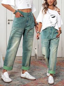 SHEIN LUNE Jeans de mezclilla sencilla y casual para uso diario de mujer - Verde - Ver 4