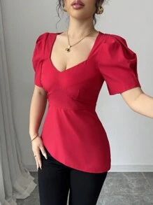 Elenzga 适合情人节的浪漫 V 领泡泡袖不对称下摆修身女式衬衫 - 紅色 - 查看 3
