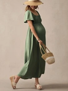 Boho Mama Boho Ruffle Sleeve Square Neck Elastic Waist Maternity Dress, Green - Green - View 3