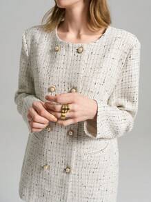Ontre 2025 New Arrival Women's Modern & Elegant Double Breasted Padded Shoulder Boxy Loose Crew Neck Tweed Coat, Versatile For Spring Outings, Holidays, Valentine's Day