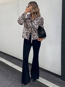 SHEIN Essnce Women Leopard Print Bowknot Front Long Sleeve Shirt With Puff Sleeves, Spring/Summer