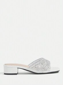 CUCCOO TILAWA Giày cao gót đế dày đính đá Rhinestone cho nữ, dép xỏ ngón quai bạc mũi vuông thoải mái, thời trang mùa hè mới về - trắng - Xem 3