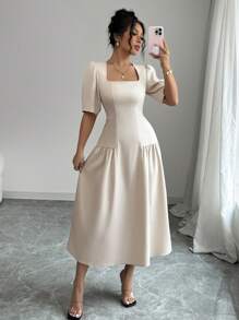 Elenzga Women's Spring/Summer French Elegant Casual/Office/Vacation Square Collar Waist Ruched A-Line Long Dress, Short Sleeve