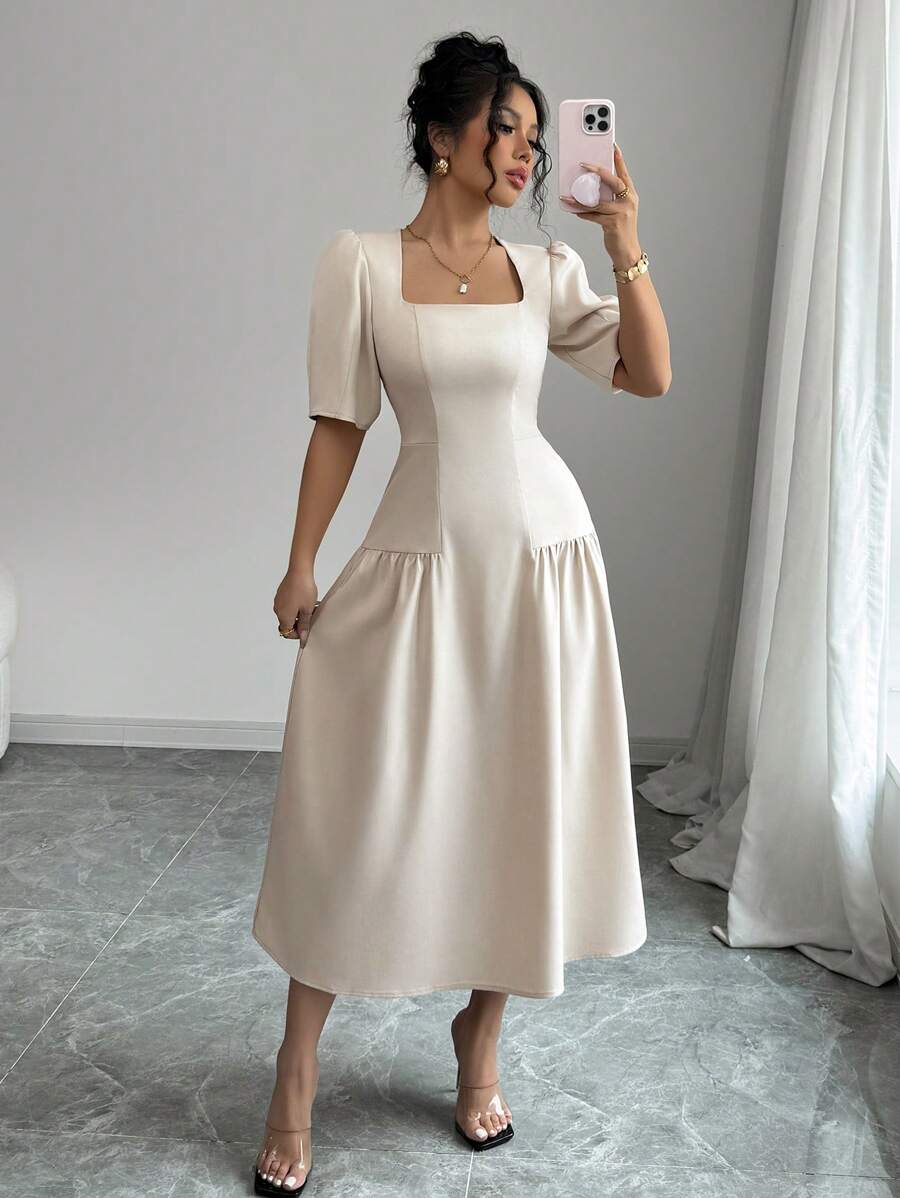 Elenzga Women's Spring/Summer French Elegant Casual/Office/Vacation Square Collar Waist Ruched A-Line Long Dress, Short Sleeve