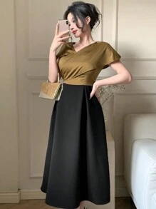 DAZY New Summer Boho Style High Waisted Elegant Patchwork Contrast Color Women Long Dress - Black - View 5