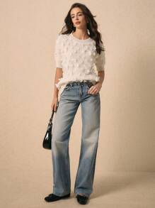 Poéselle White Short-Sleeved Sweater, Three-Dimensional Flower Sweater, Spring And Summer Sweater,Valentine's Day Sweater,Cute Tops,Women Embellished Round Neck Short Sleeve Sweater, Suitable For Everyday, Street, Date And Other Occasions To Wear