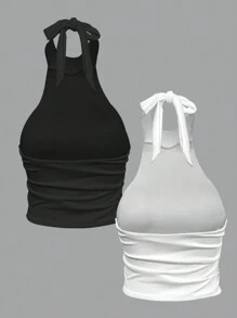 Bloopia 2 Stücke weiß und schwarz farbiges rückenfrei ärmelloses Crop Tank Top, Geburtstags Top, sexy Date Night Tank Top, Urlaubs Party Tank Top, Ausgehens Urlaubs Tank Top, Cocktail Party Tank Top - Verschiedenfarbig - Übersicht 2
