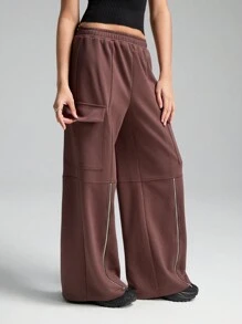 LYSMO Casual Solid Color Zipper Side Split Cargo Sweatpants - Brown - View 4