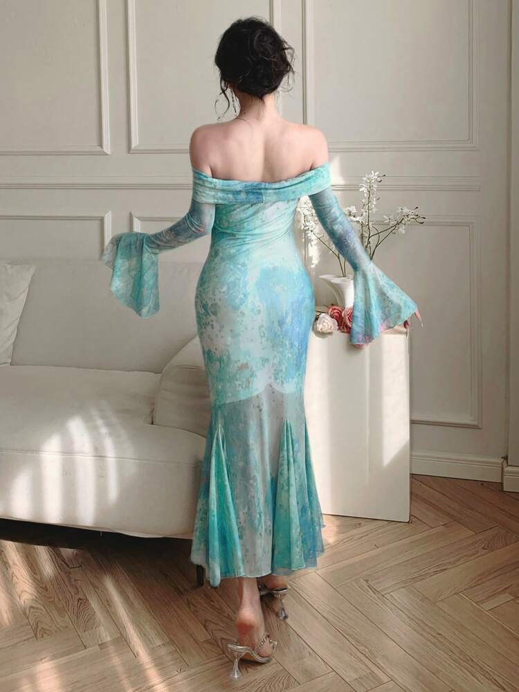 New Spring Plant Print Gathered Waist Sundress, Muslin Overlay Tie Dyed Off Shoulder Design Dress For Women,Ruffle