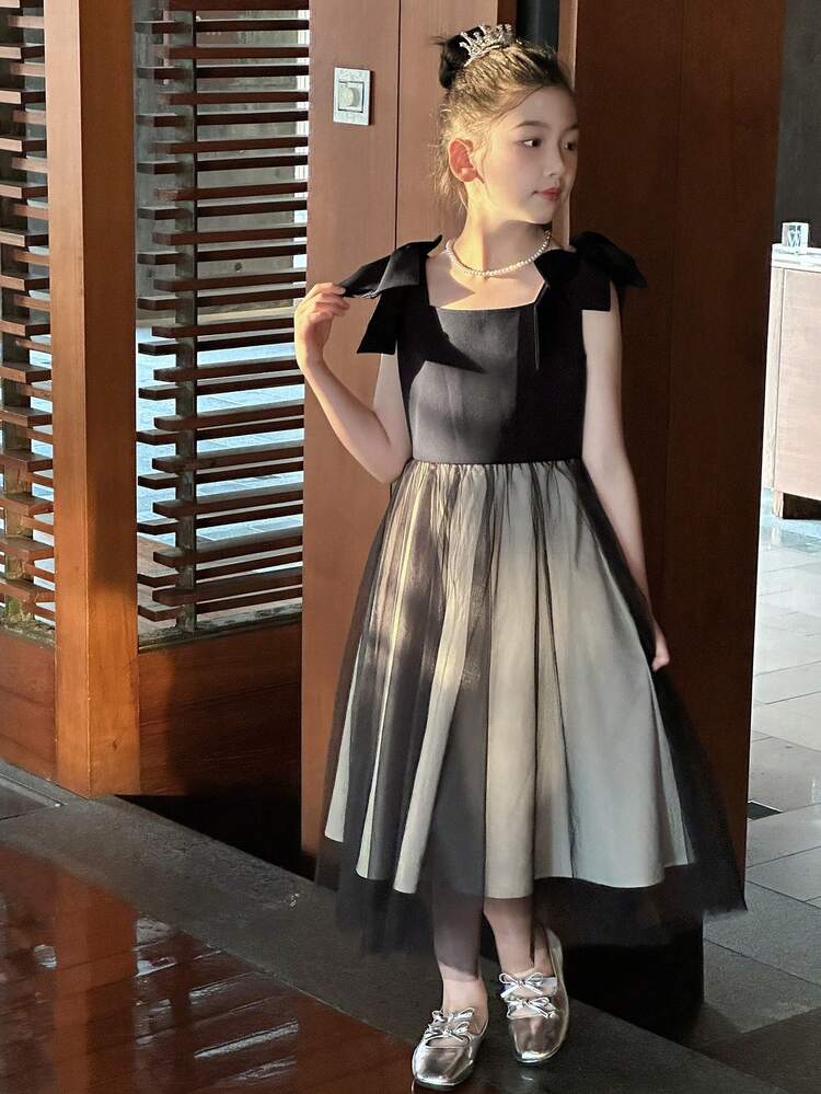 Vestido de contraste de malla con lazo en el hombro para niñas preadolescentes, conjunto de ropa de verano para niñas, ropa de regreso a la escuela