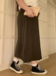 Dazy Plus Elastic Waist Straight A-Line Skirt With Side Slit, Leopard Print, Suitable For All Seasons - Rust Brown - View 2