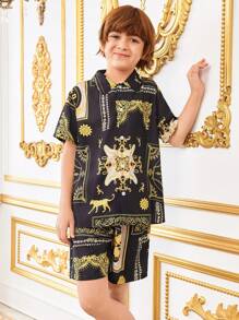 SHEIN 2pcs Tween Boy Middle East Inspired Geometric Print Short Sleeve Polo Shirt And Elastic Waist Shorts Set, Suitable For Autumn, Spring, Summer, Outdoor Play, School, Street Style, Party And Casual Wear - Multicolor - View 2