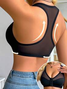1 pieza Sujetador sin aros con cierre de botones y panel de malla para mujeres - Negro - Ver 2