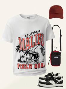 SHEIN Explorewe 1pc Tween Boy Holiday Beach Palm Tree & Football Graphic Round Neck Short Sleeve T-Shirt - White - View 1