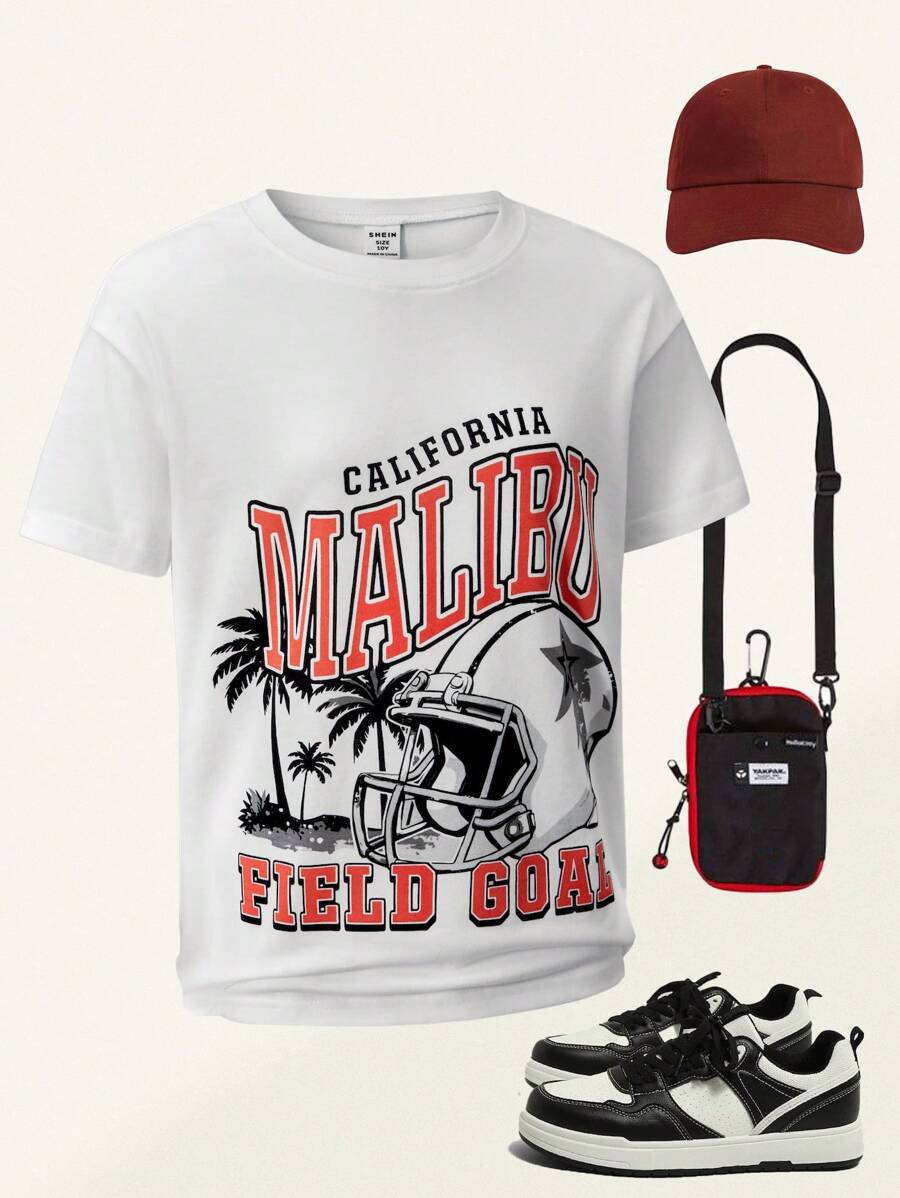 SHEIN Explorewe 1pc Tween Boy Holiday Beach Palm Tree & Football Graphic Round Neck Short Sleeve T-Shirt - White - View 1