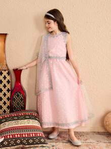 2pcs/Set Tween Girl Round Neck Sleeveless Embroidered Top And Skirt - Green - View 3