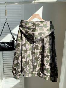 SHEIN EZwear 女士休闲秋冬街头风格树枝印花绿色宽松连帽长袖运动衫 - 綠色 - 查看 2