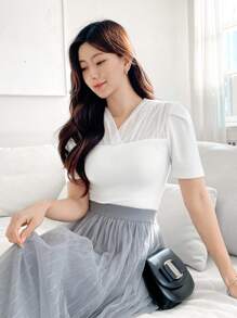 DAZY Women V-Neck Patchwork T-Shirt, Casual & Fashionable For Everyday Wear