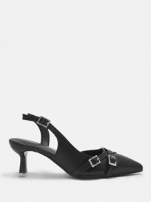 CUCCOO CURVES Plus Size Wide Fit Pointed Toe High Heel Pumps, Elegant Black PU Hollow Buckle Side Strap Sandals, Suitable For All Seasons - Black - View 3