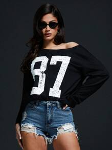 Denimoi Women's Spring/Summer Casual Digital Print Side Slit Long Sleeve T-Shirt - Black - View 4