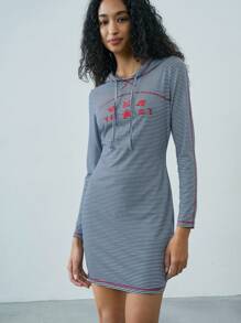 Easelle Black & White Striped Hooded Mini Sweater Dress For Women - Multicolor - View 5