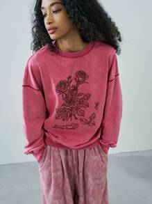 Easelle 女士情人节休闲复古红色酸洗圆领宽松长袖卫衣，秋冬款 - 紅色 - 查看 4