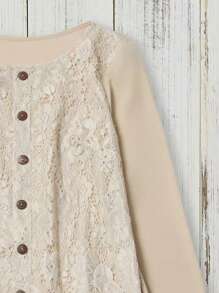 SHEIN LUNE Women's Vintage Contrast Lace Long Sleeve Button Up Blouse - Khaki - View 2