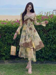 DAZY Botanical Print Floral Trumpet Sleeve Ruffle Trim Contrast Shoulder Midi Dress For Women,Fall Dress Long Sleeve Dress Off Shoulder Vacation Outfits Women - Multicolor - View 2