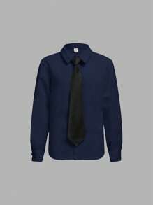 SHEIN Leap Crew Tween Boy Casual Comfort Stand Collar Solid Woven Shirt (With Necktie) - Navy Blue - View 1