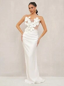 Lumalex White Summer Elegant Dining Strapless Mermaid Dress For Women,Flower Decor Richly Layered Wedding Banquet Engagement Old Money Ceremony Beach Dress - White - View 1