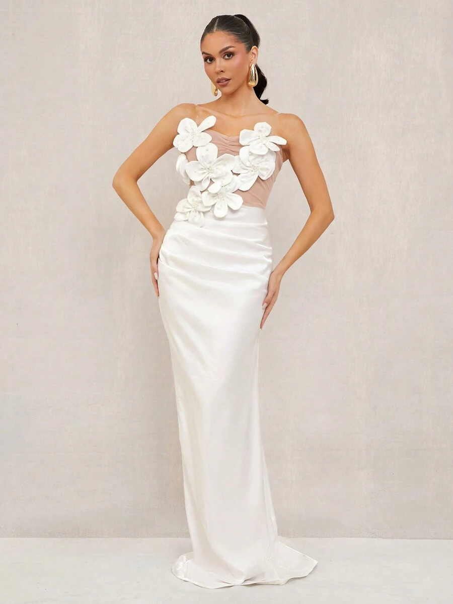 Lumalex White Summer Elegant Dining Strapless Mermaid Dress For Women,Flower Decor Richly Layered Wedding Banquet Engagement Old Money Ceremony Beach Dress - White - View 1